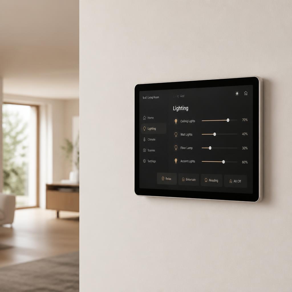 Smart lighting control panel in a premium modern home, installed by Stewart Electrical Group